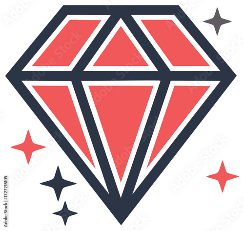 Elegant Diamond Illustration with Stars, Red and Blue Color Scheme, Geometric Design