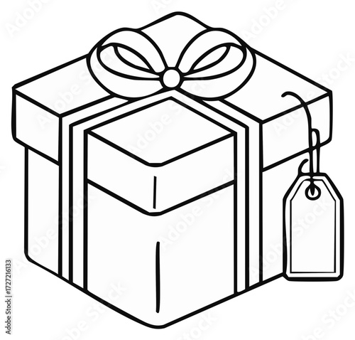 Line Art Gift Box with Ribbon Bow and Blank Tag Doodle Illustration