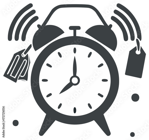Alarm clock ringing, sales tag concepts, conceptual graphic design with dark details