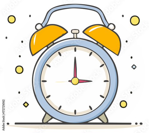 Cartoon Alarm Clock Illustration with Bell Ringing for Wake Up Time Reminder
