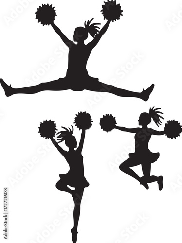 Three black silhouettes of cheerleaders with pom poms