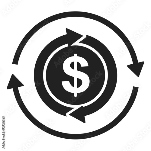 Black Dollar Sign Coin Surrounded by Three Rotating Arrows in a Circular Pattern
