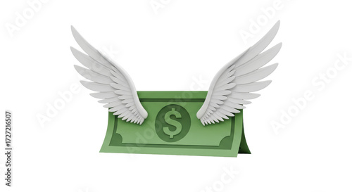 Isolated Green Dollar Bill with Wings, Money and Finance Concept, Economy, Financial Stability