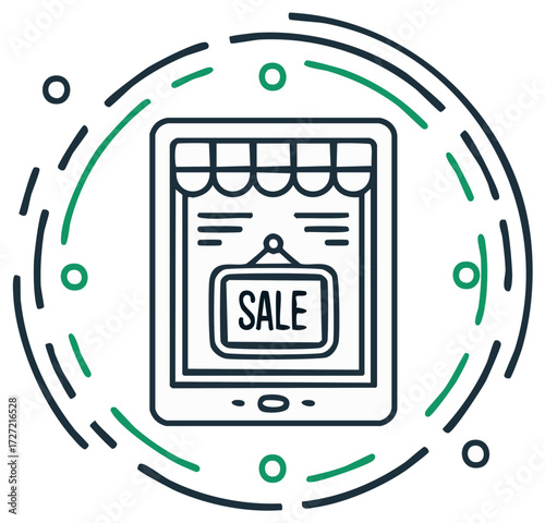 E commerce line icon of a digital storefront on a tablet with a sale sign for online shopping