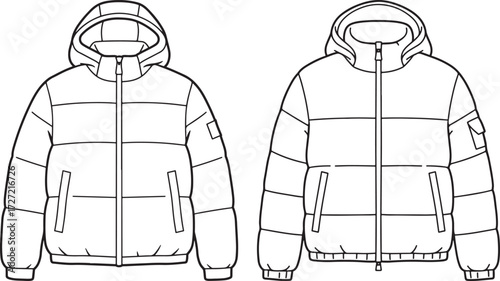 Fashion illustration of a puffer jacket with hood front and back silhouette