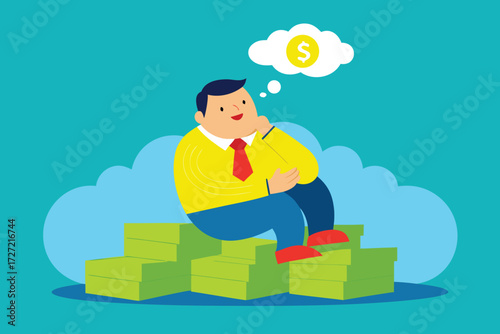Businessman Sitting on Stack of Money Thinking of Dollar Symbol, Illustration on Turquoise Background