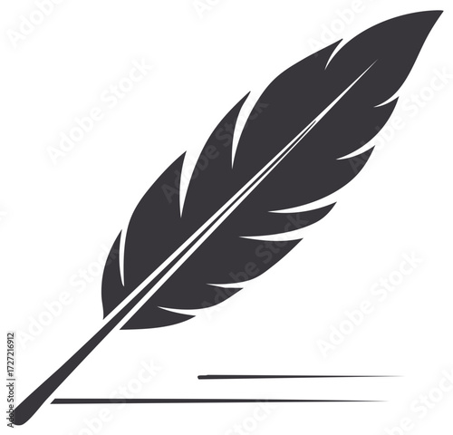Minimalist graphic of a dark feather quill pen drawing lines, representing writing and creativity