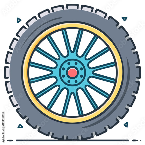Vector icon of an automotive wheel and tire with a blue alloy rim for transport concepts