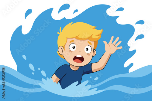 Cartoon Boy Drowning, Reaching for Help in Blue Water Illustration