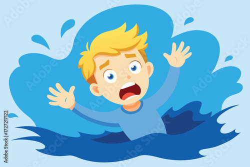 Cartoon Boy Drowning in Water with Fearful Expression Reaching for Help Illustration
