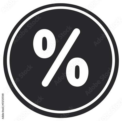 Black Percentage Sign Circle: White Figure Symbolizes Discount, Financial Reduction, Rate