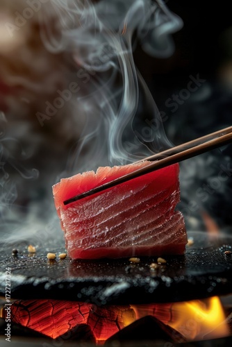 Seared tuna slice with chopsticks