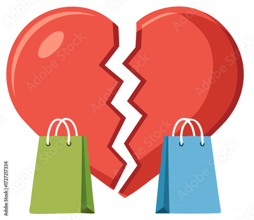 Retail Therapy Broken Heart Concept with Shopping Bags After Heartbreak Cartoon Illustration