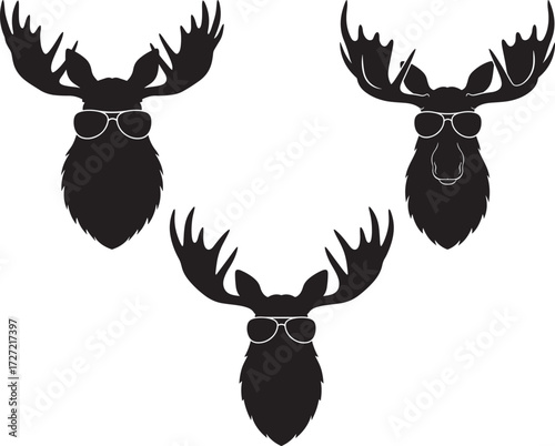 Three cool moose heads wearing sunglasses in a black silhouette