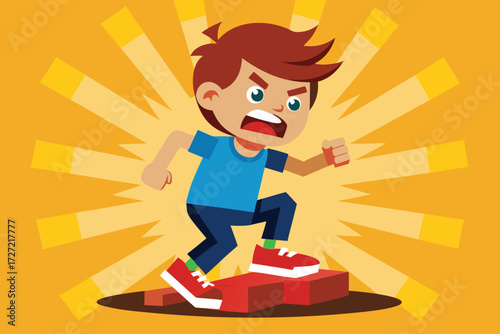 Cartoon Boy Stepping on Blocks in Anger with Intense Yellow Background, Illustrating Frustration