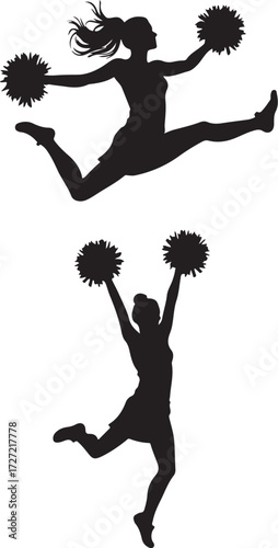 Two black silhouette cheerleaders jumping with pom poms
