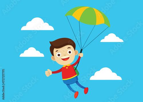 Cartoon Boy Skydiving with Green and Yellow Parachute on Blue Background with Clouds
