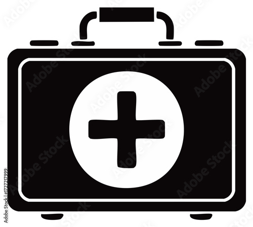 First Aid Kit with White Cross Symbol - Black and White Vector Illustration