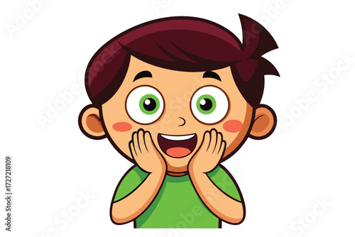 Cartoon Boy with Green Eyes Expressing Excitement, Holding Cheeks with Both Hands