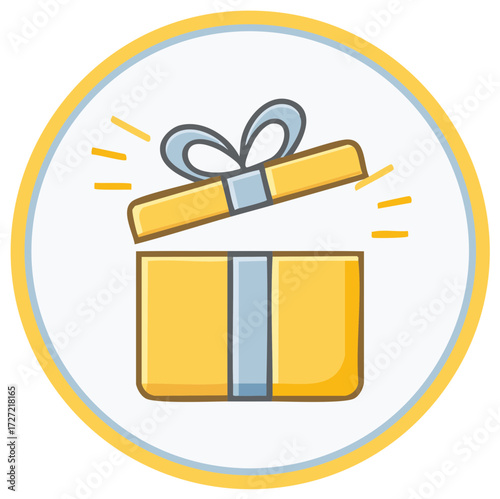 Stylized open gift box present with ribbon in circle frame offers happy surprises or special celebrations
