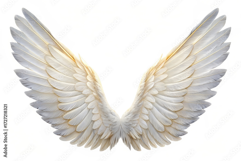 Obraz premium Elegant white angel wings with soft feathers spread symmetrically on white background