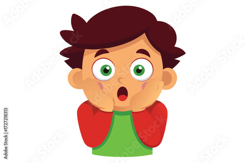 Cartoon Boy with Red Shirt Looking Surprised Touching Face with Hands Open Mouthed