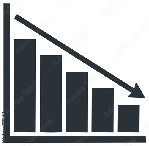 Simple flat icon of a decreasing bar chart with a downward arrow symbolizing economic recession and financial loss
