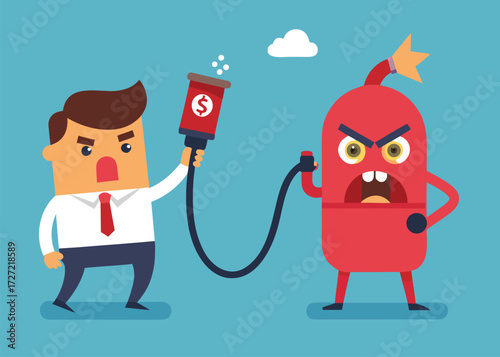 Cartoon Businessman Extinguishing Angry Bomb With MoneyPowered Fire Extinguisher Against Blue Background