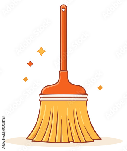 Sparkling cartoon broom illustration for cleaning and household chores
