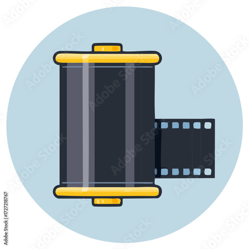 Classic 35mm camera film roll canister with negative strip cartoon vector illustration icon