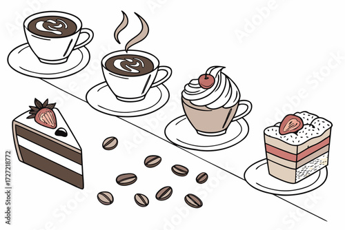 Coffee and cake. Collection of hand-drawn vector illustrations featuring coffee cups, slices of cake, and whole coffee beans