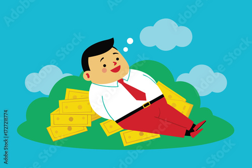Cartoon Businessman Relaxing on Pile of Money, Financial Success and Dreams Concept