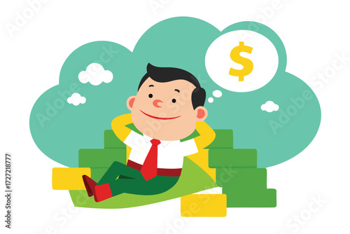 Cartoon Businessman Relaxing on Stack of Money Thinking About Dollars and Financial Success