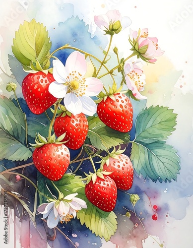 Watercolor strawberries and flowers