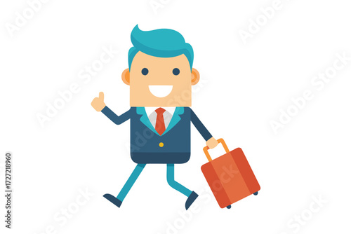 Cartoon Businessman Walking with Luggage, Thumbs Up Illustration on White Background