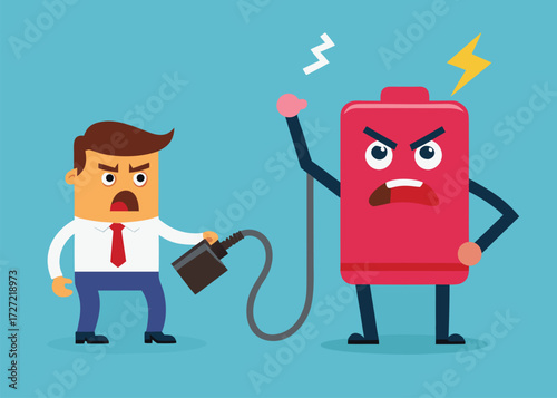 Cartoon Businessman with Charger Confronting Angry Battery Character on Blue Background Illustration