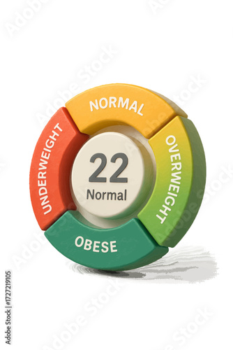 Angled 3D BMI dial with pointer — segmented categories and numeric scale; fitness assessment vector for health dashboards and print