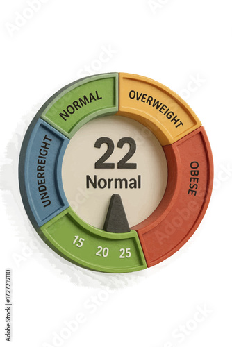 Angled 3D BMI dial with pointer — segmented categories and numeric scale; fitness assessment vector for health dashboards and print