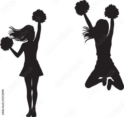 Two cheerleaders in silhouette holding pom poms sport