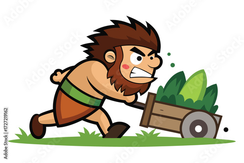 Cartoon Caveman Pushing Wheelbarrow Filled with Green Plants on a Green Lawn