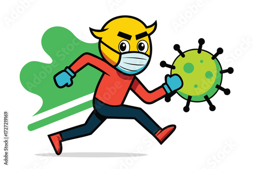 Cartoon Character Chasing Coronavirus Wearing Mask, Gloves, Red Shirt, and Blue Pants