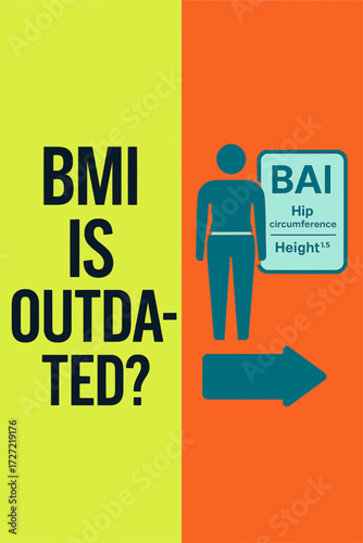 BMI vs BAI concept — body mass index compared with body adiposity index (hip circumference/height¹·⁵); bold minimal vector poster