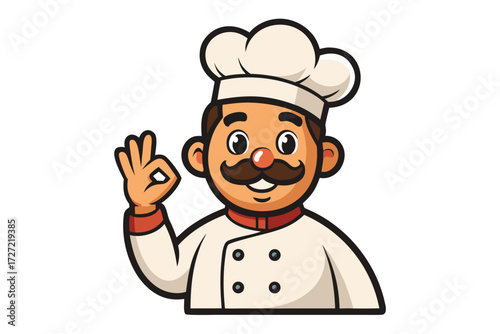 Cartoon Chef Character with Mustache Giving Okay Gesture Wearing White Hat and Uniform