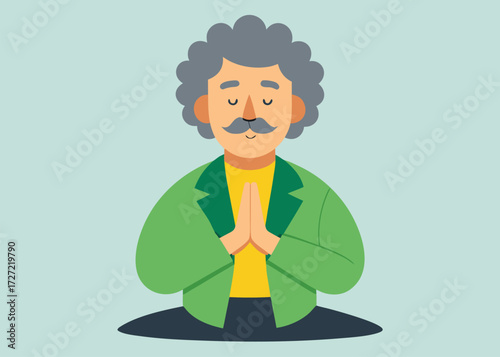 Cartoon Elderly Man Meditating with Hands Together, Gray Curly Hair and Green Jacket