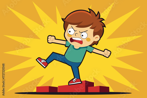 Cartoon Illustration of an Angry Boy Stepping on Red Blocks Against Yellow Background