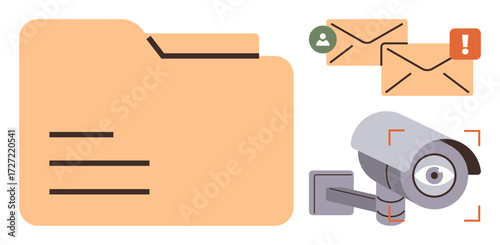 File folder symbolizing records, CCTV camera capturing activity, and two email notifications with icons. Ideal for cybersecurity, surveillance, data protection, email security, information