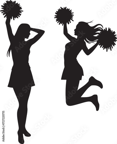 Two cheerleaders with pom poms black silhouettes cheerleading