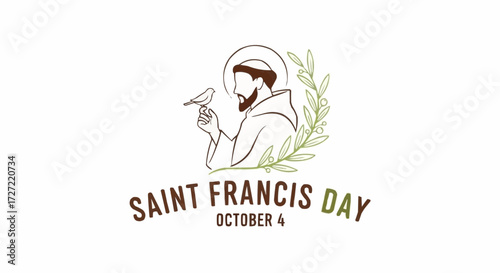 Celebrate Saint Francis Day on October 4th with this minimalist line art illustration of Saint Francis holding a bird and surrounded by olive branches, perfect for social media
