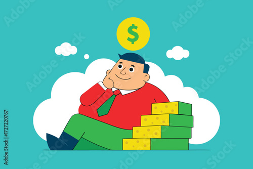 Cartoon Man Dreaming of Dollar Sign Sitting on Stacked Yellow and Green Blocks