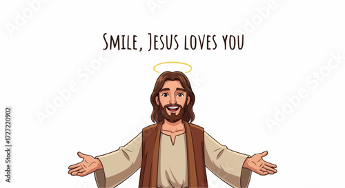Share a message of faith and love with this inviting cartoon illustration of Jesus with open arms and a golden halo, a symbol of hope, kindness, and divine grace